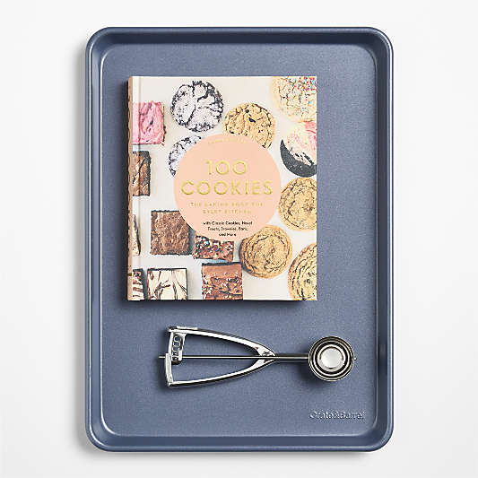 100 Cookies Cookbook, Medium Stainless Steel Cookie Scoop, and Slate Blue Half-Sheet Pan Gift Set