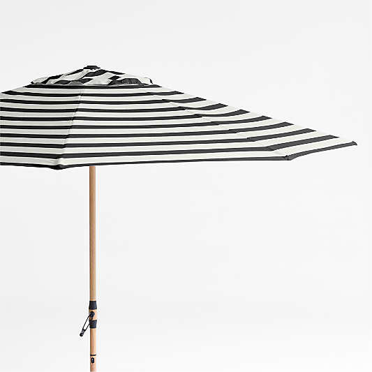 10' Round Sunbrella® Black and White Cabana Stripe Outdoor Patio Umbrella with Faux Wood Metal Frame