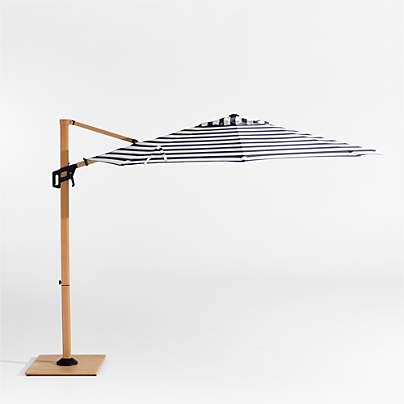 10' Round Navy and White Cabana Stripe Sunbrella® Cantilever Outdoor Patio Umbrella with Faux Wood Metal Frame