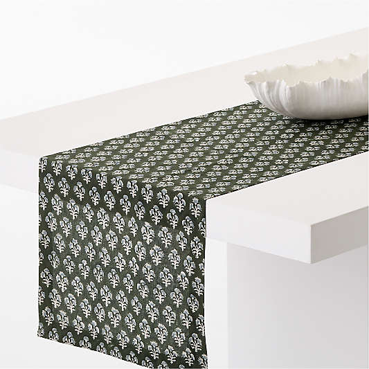 Green Block Print Linen Cotton 120" Table Runner