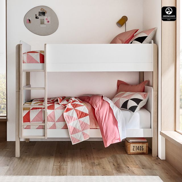 babyletto tiptoe white & washed natural wood kids bunk bed