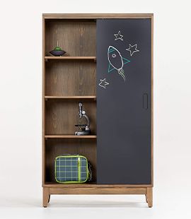 Cocoa Wood 4-Shelf Kids Bookcase with Chalkboard Door