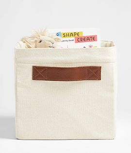 Canvas Shelf Bin with Brown Leather Handles