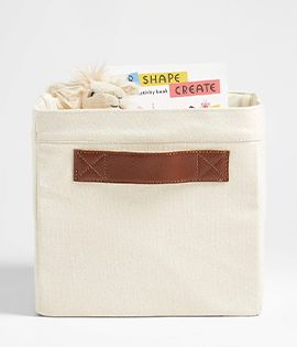 Canvas Shelf Bin with Brown Leather Handles