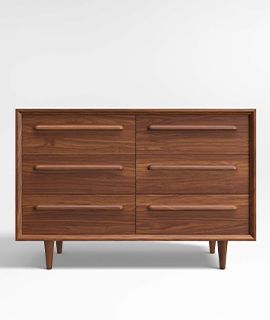 Tatum Walnut Mid-Century Wood 6-Drawer Wide Dresser