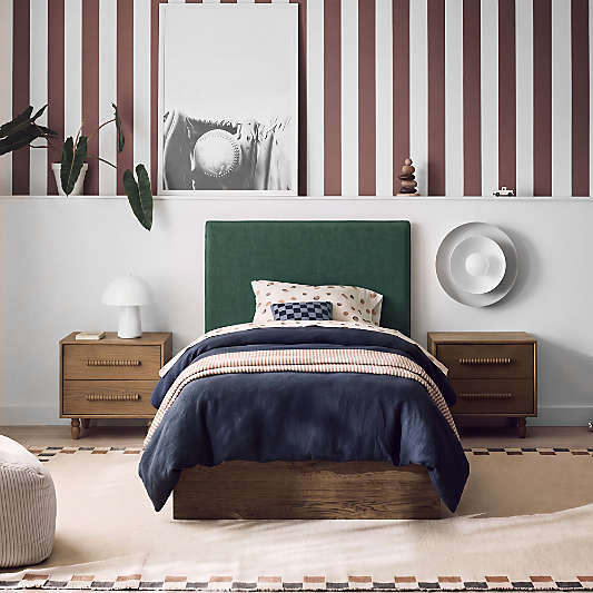 Noa Jungle Green Upholstered Flange Kids Twin Headboard with Deep Brown Wood Base