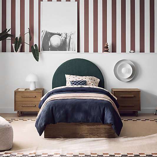 Emma Jungle Green Upholstered Kids Twin Headboard with Deep Brown Wood Base