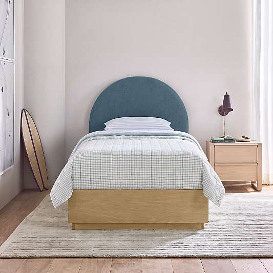 Emma Denim Blue Upholstered Arched Kids Bed with Natural Wood Storage Base