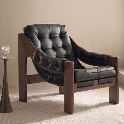 Halston Tufted Black Leather and Wood Accent Chair