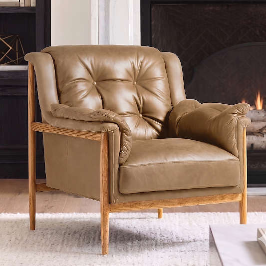 Cigar Wood and Leather Accent Chair