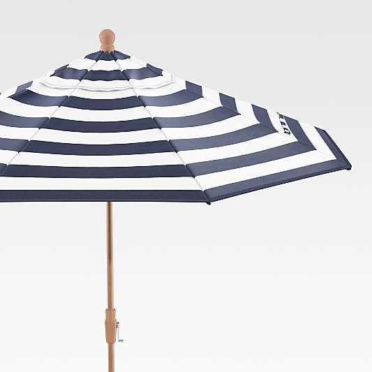 9' Round Sunbrella ® Cabana Stripe Navy Outdoor Patio Umbrella with Tilt Faux Wood Frame