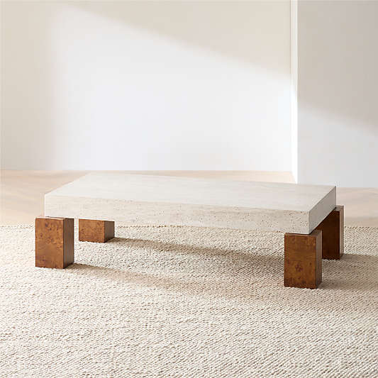 Dualité Travertine and Burl Wood Block Leg 53" Coffee Table by Athena Calderone