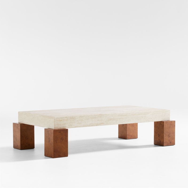 Dualité Travertine and Burl Wood Block Leg 56" Coffee Table by Athena Calderone - image 6 of 10