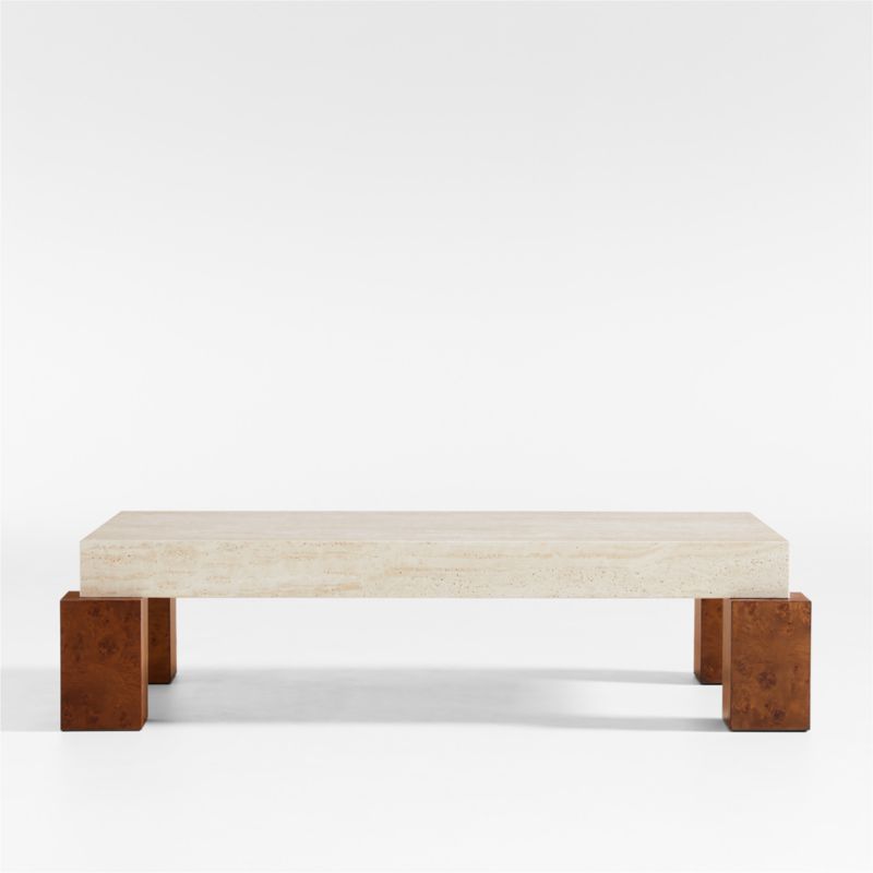 Dualité Travertine and Burl Wood Block Leg 56" Coffee Table by Athena Calderone - image 0 of 10