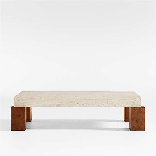 Dualité Travertine and Burl Wood Block Leg 53" Coffee Table by Athena Calderone