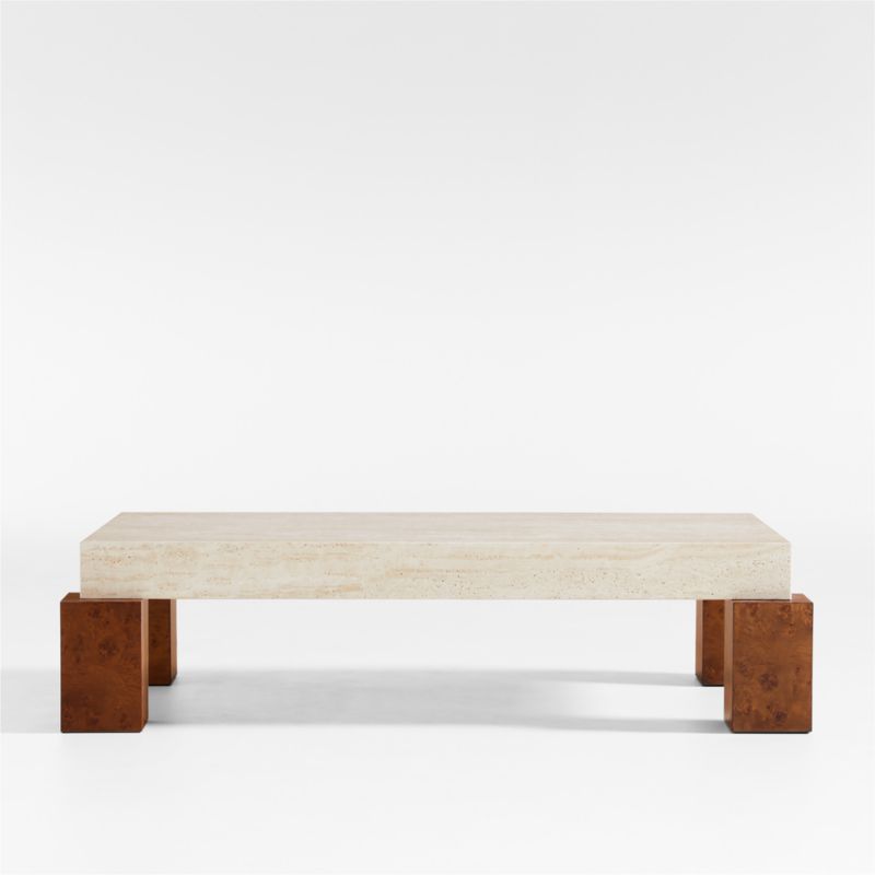 Dualité Travertine and Burl Wood Block Leg 56" Coffee Table by Athena Calderone
