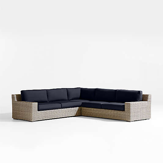 Abaco Resin Wicker 3-Piece L-Shaped Outdoor Sectional Sofa with Canvas Navy Sunbrella ® Cushions
