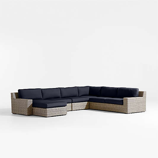 Abaco 5-Piece Left-Arm Chaise All-Weather Wicker Outdoor Sectional Sofa with Canvas Navy Sunbrella ® Cushions