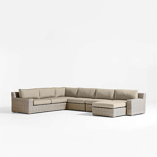 Abaco Resin Wicker 5-Piece Right-Arm Chaise Outdoor Sectional Sofa with Canvas Flax Sunbrella ® Cushions