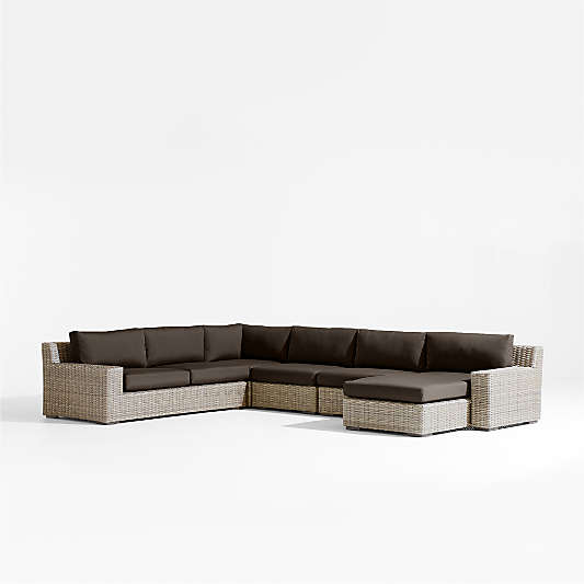 Abaco Resin Wicker 5-Piece Right-Arm Chaise Outdoor Sectional Sofa with Canvas Java Sunbrella ® Cushions