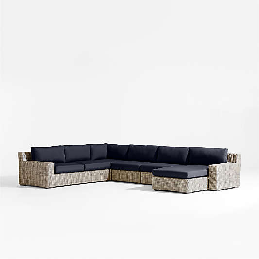 Abaco 5-Piece Right-Arm Chaise All-Weather Wicker Outdoor Sectional Sofa with Canvas Navy Sunbrella ® Cushions