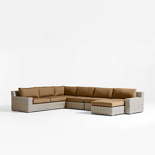 Abaco 5-Piece Right-Arm Chaise All-Weather Wicker Outdoor Sectional Sofa with Cast Teak Sunbrella ® Cushions