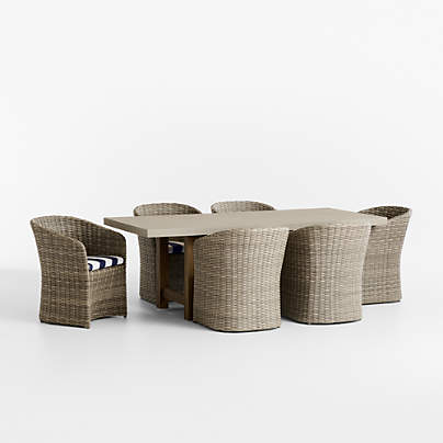 Abaco 84" Grey Wood Outdoor Dining Set with Navy and White Cabana Stripe Sunbrella ® Cushions