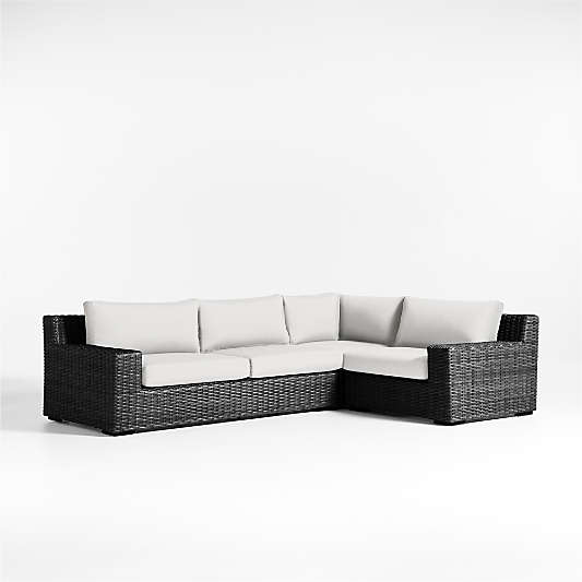 Abaco Charcoal Grey Resin Wicker 3-Piece Right-Arm Chair Petite L-Shaped Outdoor Sectional Sofa with White Sand Sunbrella ® Cushions