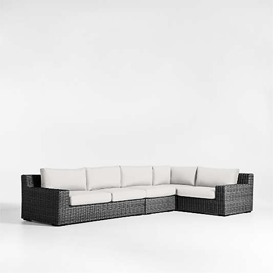 Abaco Charcoal Grey Resin Wicker 4-Piece Right-Arm Chair Petite L-Shaped Outdoor Sectional Sofa with White Sand Sunbrella ® Cushions