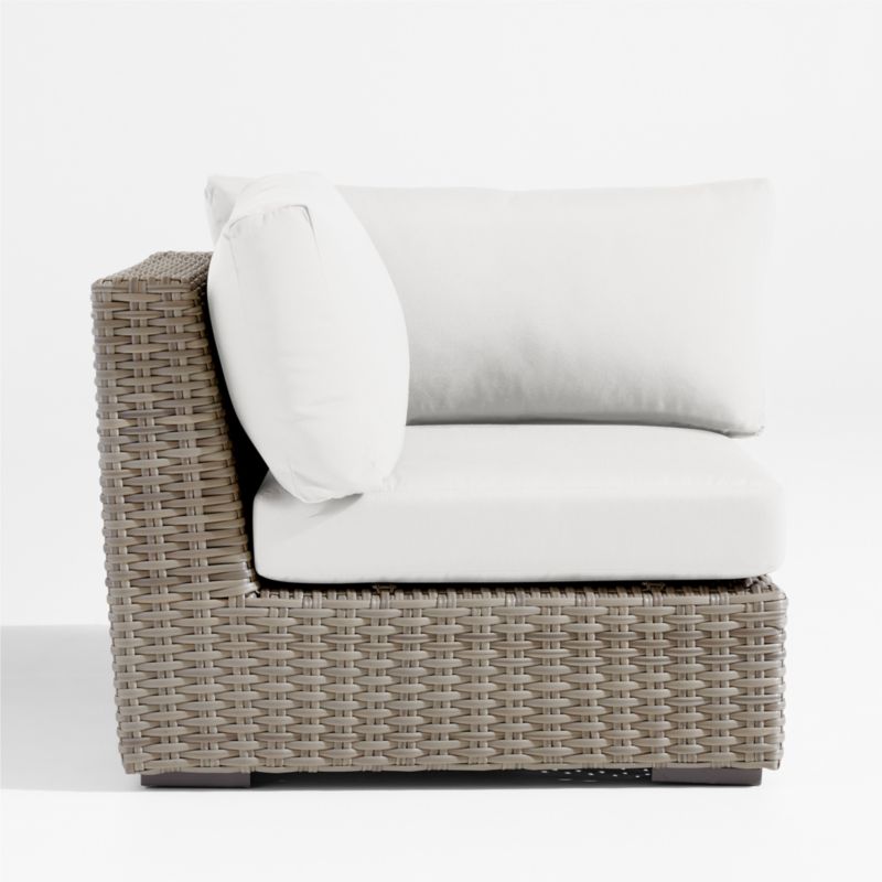 Abaco Grey Resin Wicker Outdoor Corner Chair with White Sand Sunbrella ® Cushions