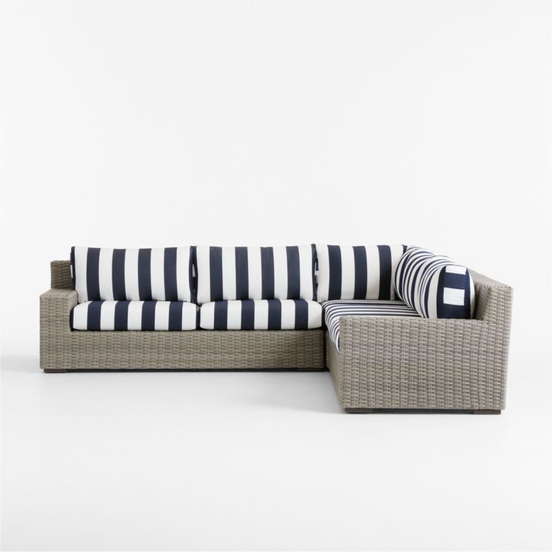 Abaco Resin Wicker 3-Piece L-Shaped Outdoor Sectional Sofa with Navy and White Cabana Stripe Sunbrella ® Cushions - image 11 of 14