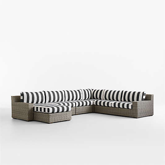 Abaco 5-Piece Left-Arm Chaise All-Weather Wicker Outdoor Sectional Sofa with Canvas Black and White Cabana Stripe Sunbrella ® Cushions