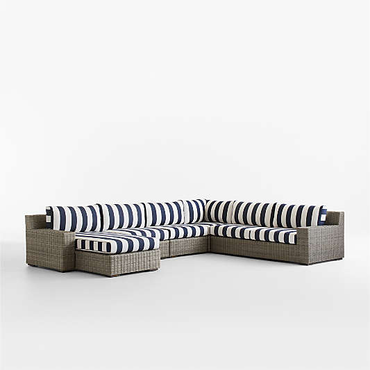 Abaco Resin Wicker 5-Piece Left-Arm Chaise Outdoor Sectional Sofa with Navy and White Cabana Stripe Sunbrella ® Cushions