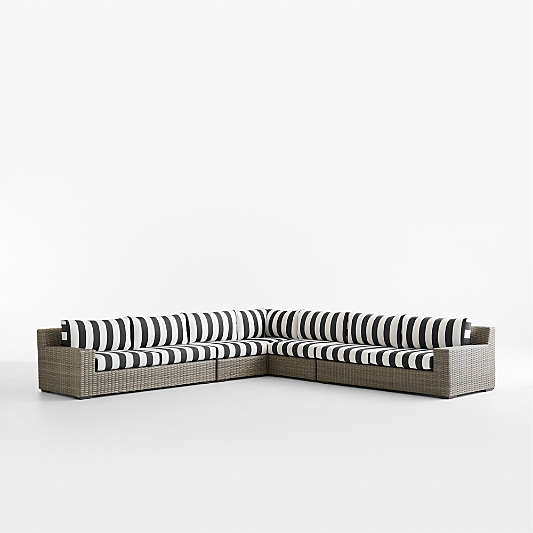 Abaco 5-Piece L-Shaped All-Weather Wicker Outdoor Sectional Sofa with Canvas Black and White Cabana Stripe Sunbrella ® Cushions