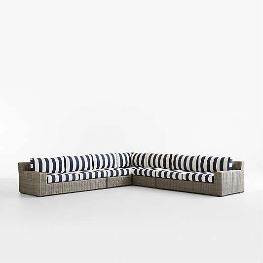Abaco 5-Piece L-Shaped All-Weather Wicker Outdoor Sectional Sofa with Canvas Navy and White Cabana Stripe Sunbrella ® Cushions