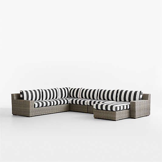 Abaco 5-Piece Right-Arm Chaise All-Weather Wicker Outdoor Sectional Sofa with Canvas Black and White Cabana Stripe Sunbrella ® Cushions