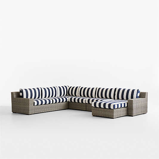 Abaco 5-Piece Right-Arm Chaise All-Weather Wicker Outdoor Sectional Sofa with Canvas Navy and White Cabana Stripe Sunbrella ® Cushions