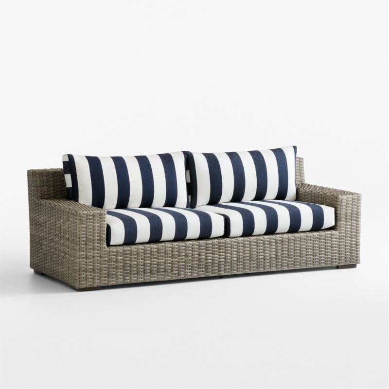 Abaco 83" Resin Wicker Outdoor Sofa with Navy and White Cabana Stripe Sunbrella® Cushions - image 17 of 19