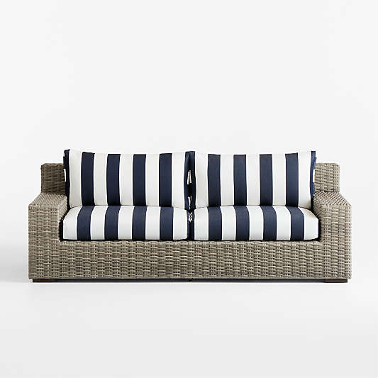 Abaco 83" Resin Wicker Outdoor Sofa with Navy and White Cabana Stripe Sunbrella® Cushions