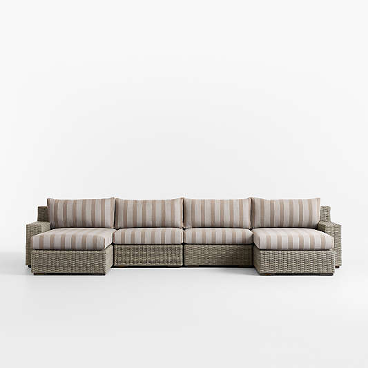 Abaco Double-Chaise All-Weather Wicker Outdoor Sectional Sofa with Canvas Range Dune Stripe Sunbrella ® Cushions