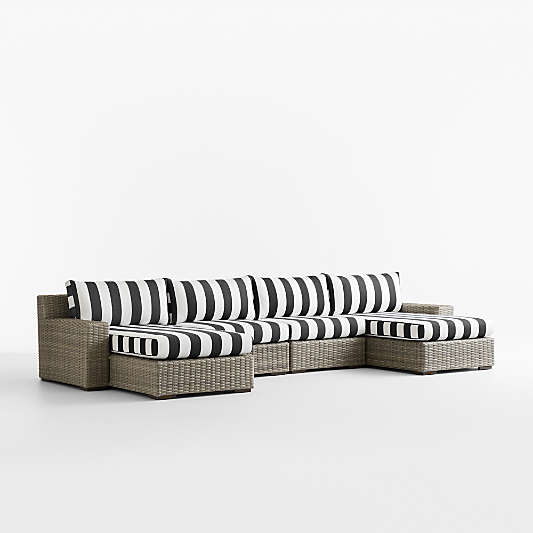 Abaco Double-Chaise All-Weather Wicker Outdoor Sectional Sofa with Canvas Black and White Cabana Stripe Sunbrella ® Cushions