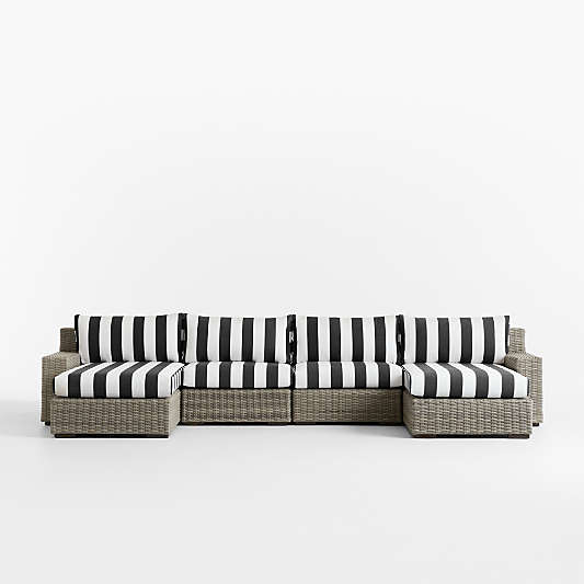 Abaco Double-Chaise All-Weather Wicker Outdoor Sectional Sofa with Canvas Black and White Cabana Stripe Sunbrella ® Cushions