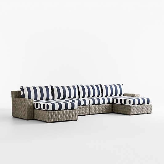 Abaco Double-Chaise All-Weather Wicker Outdoor Sectional Sofa with Canvas Navy and White Cabana Stripe Sunbrella ® Cushions