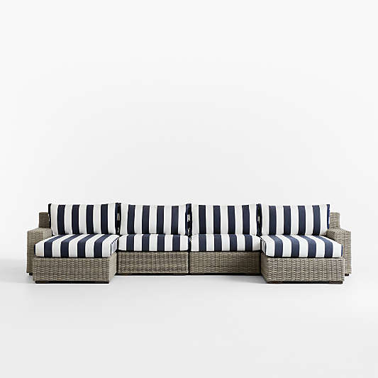 Abaco Resin Wicker Double Chaise Outdoor Sectional Sofa with Navy and White Cabana Stripe Sunbrella ® Cushions
