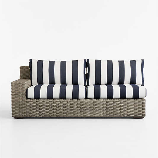 Abaco Resin Wicker Left-Arm Outdoor Sofa with Navy and White Cabana Stripe Sunbrella ® Cushions