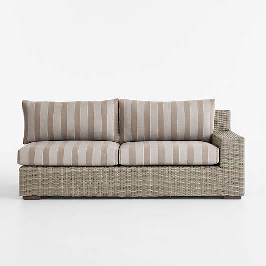 Abaco Resin Wicker Right-Arm Outdoor Sofa with Range Dune Stripe Sunbrella ® Cushions