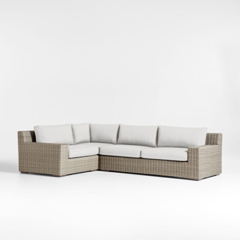 Abaco Grey Resin Wicker -Piece Left-Arm Chair Petite L-Shaped Outdoor Sectional Sofa with White Sand Sunbrella ® Cushions