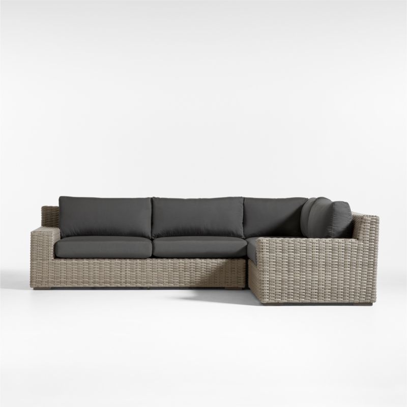 Abaco Grey Resin Wicker -Piece Right-Arm Chair Petite L-Shaped Outdoor Sectional Sofa with Charcoal Sunbrella ® Cushions