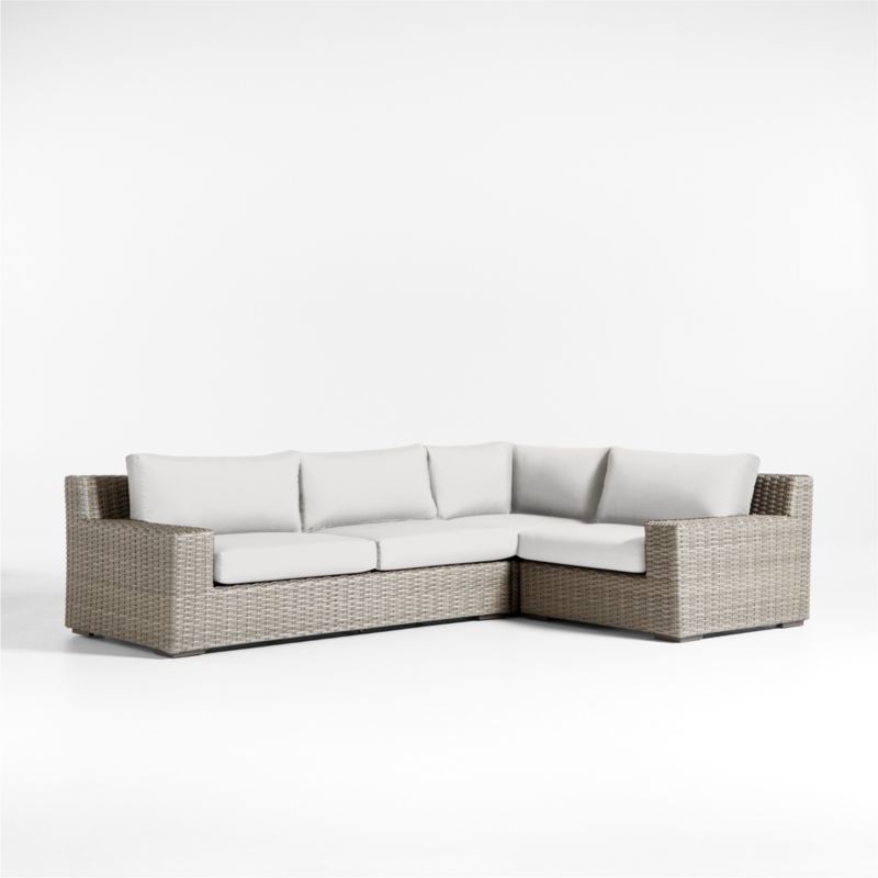 Abaco Grey Resin Wicker -Piece Right-Arm Chair Petite L-Shaped Outdoor Sectional Sofa with White Sand Sunbrella ® Cushions