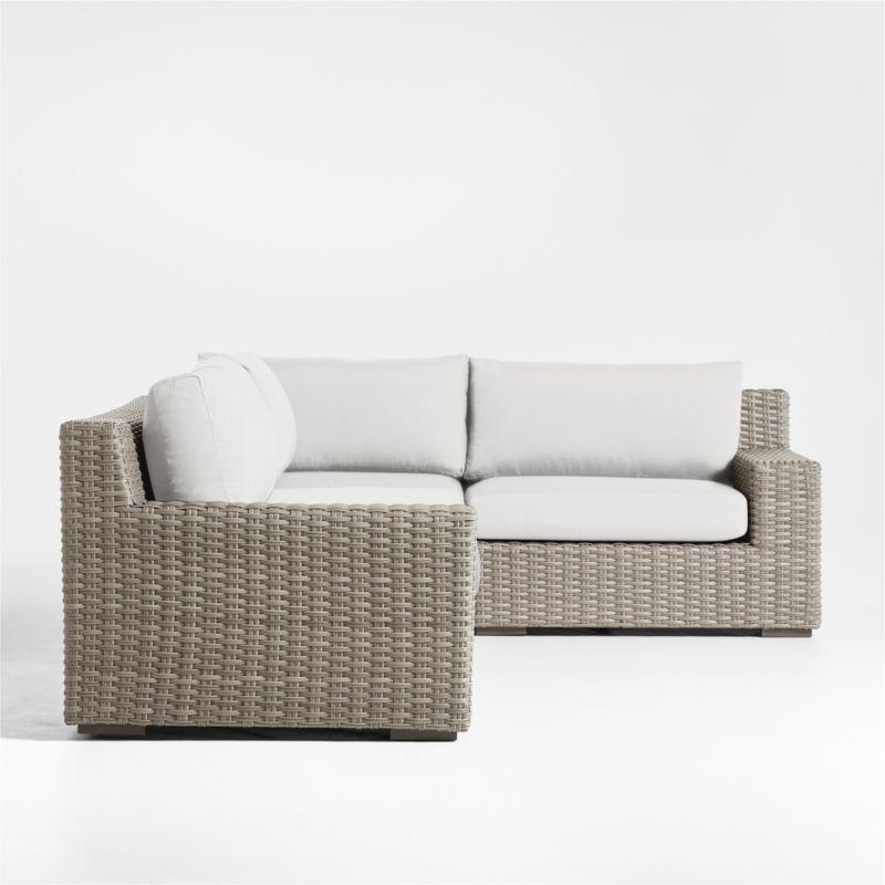 Abaco Grey Resin Wicker -Piece Right-Arm Chair Petite L-Shaped Outdoor Sectional Sofa with White Sand Sunbrella ® Cushions